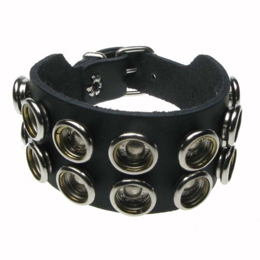 WB629 2 Row Internal Button Fitting Leather Wristband - Black