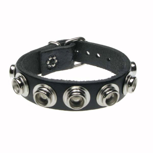 WB630 1 Row Internal Pop Button Fitting Leather Wristband - Black