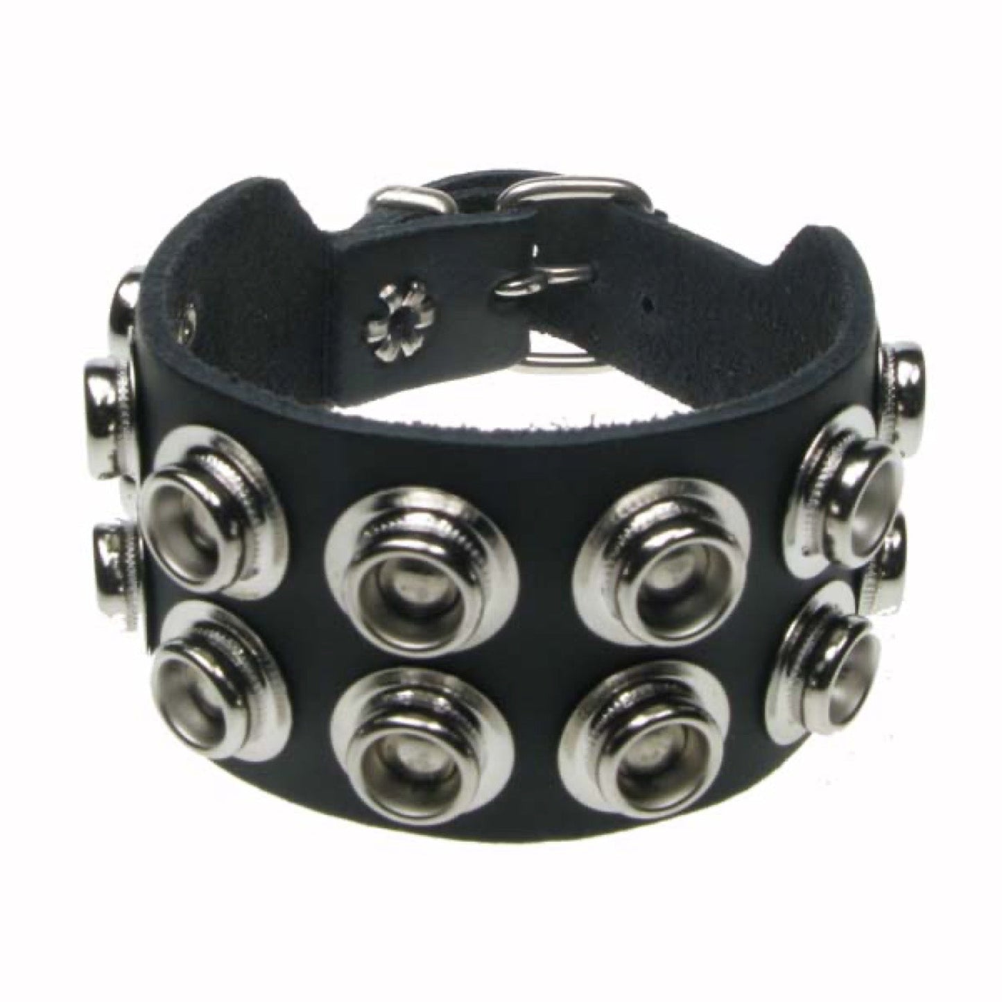 WB631 2 Row Internal Pop Button Fitting Leather Wristband - Black