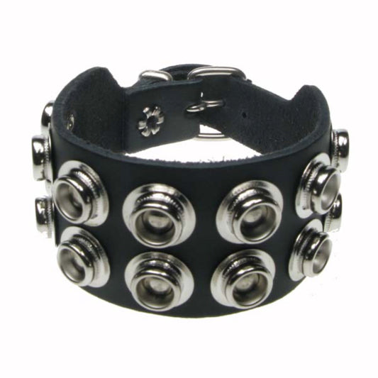 WB631 2 Row Internal Pop Button Fitting Leather Wristband - Black
