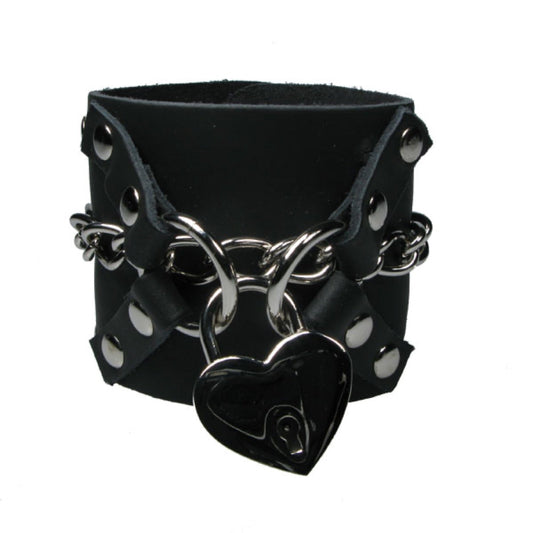 WB635 3 Row width Chain with Cross leather sections & Heart Padlock - Black    Leather Wristband