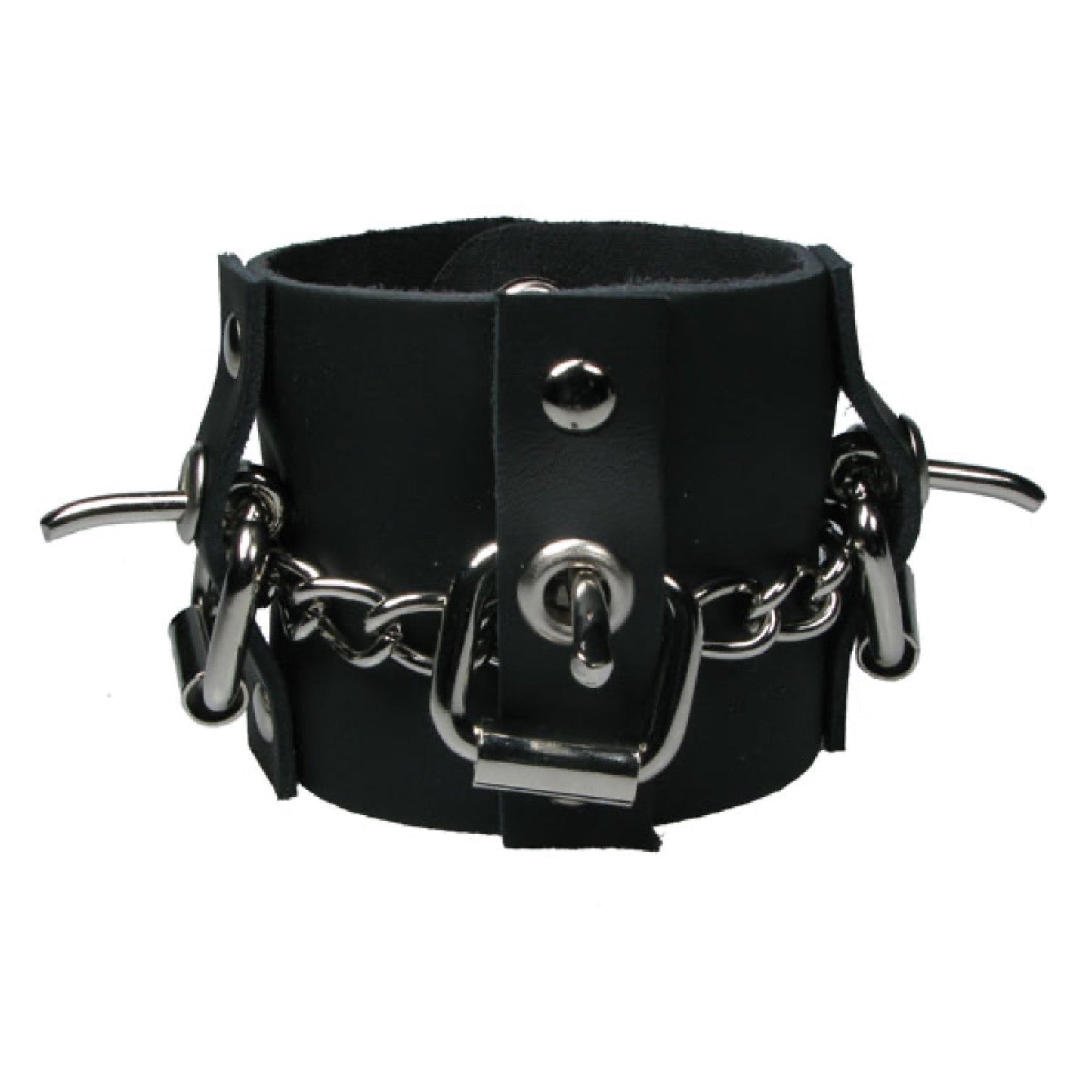 WB636 3 Row width Chain and 3 Buckles on Leather Strips - Black    Leather Wristband