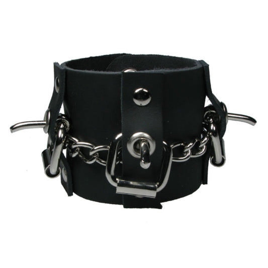 WB636 3 Row width Chain and 3 Buckles on Leather Strips - Black    Leather Wristband