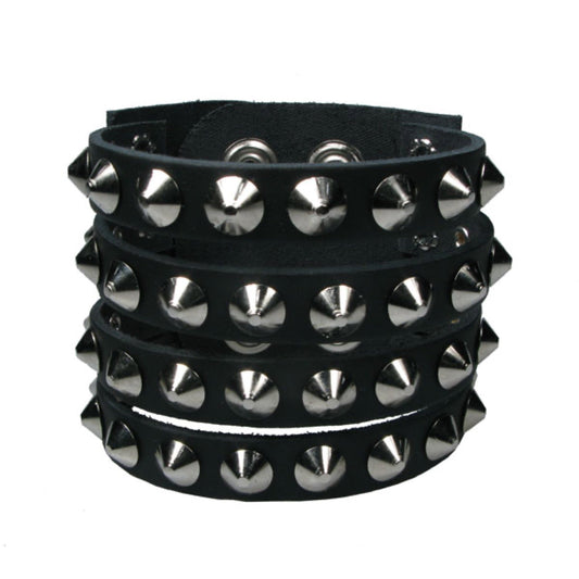 WB637 4 Row Conicals Buttoned, seperated sections - Black    Leather Wristband