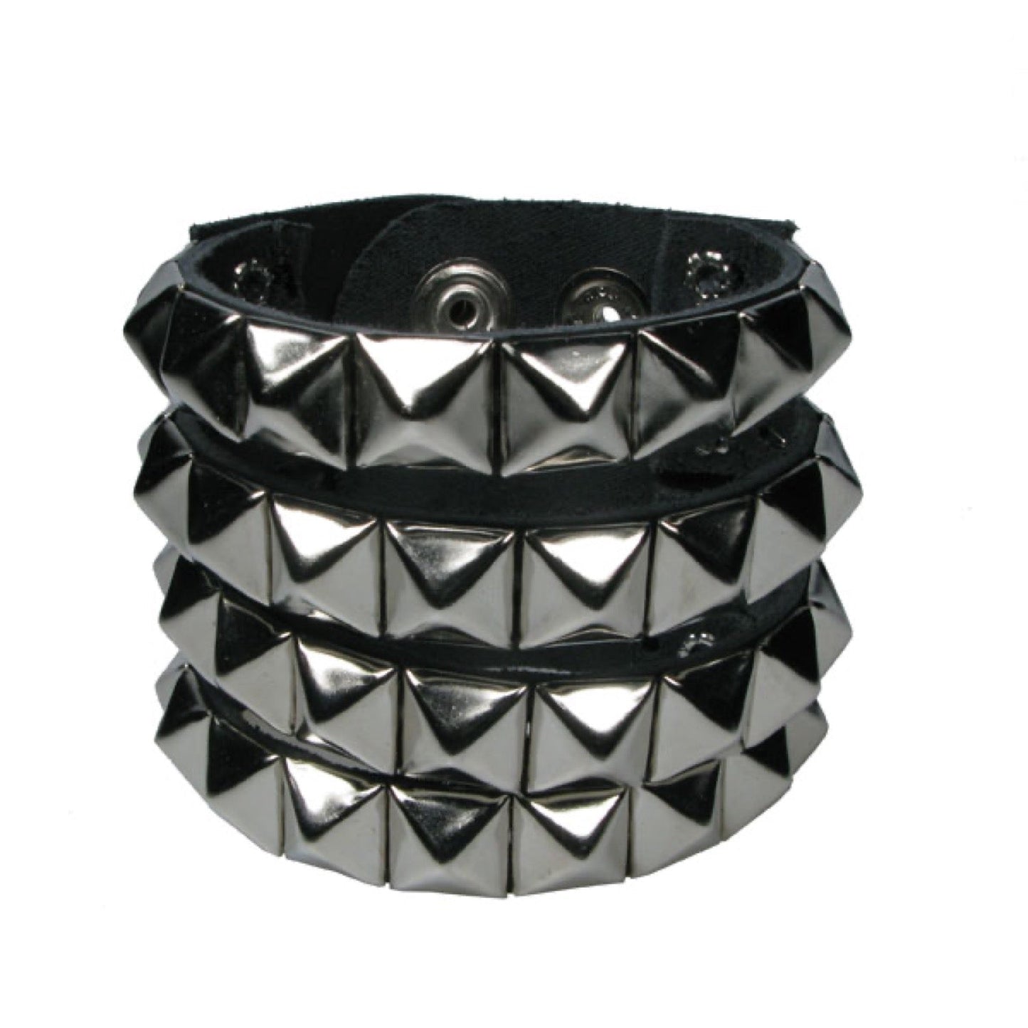 WB638 4 Row Small Pyramid Buttoned, seperated sections - Black    Leather Wristband