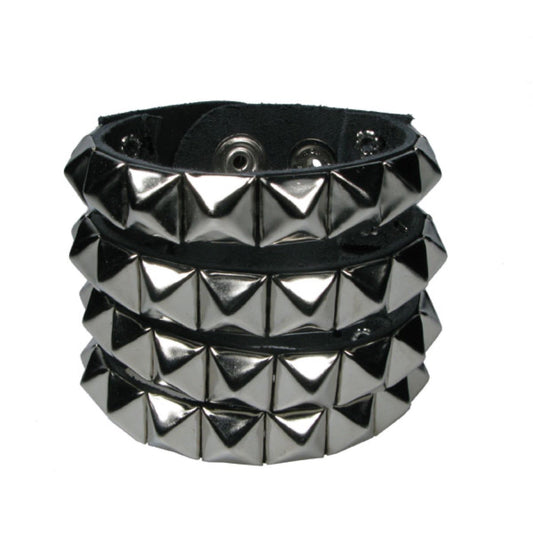 WB638 4 Row Small Pyramid Buttoned, seperated sections - Black    Leather Wristband
