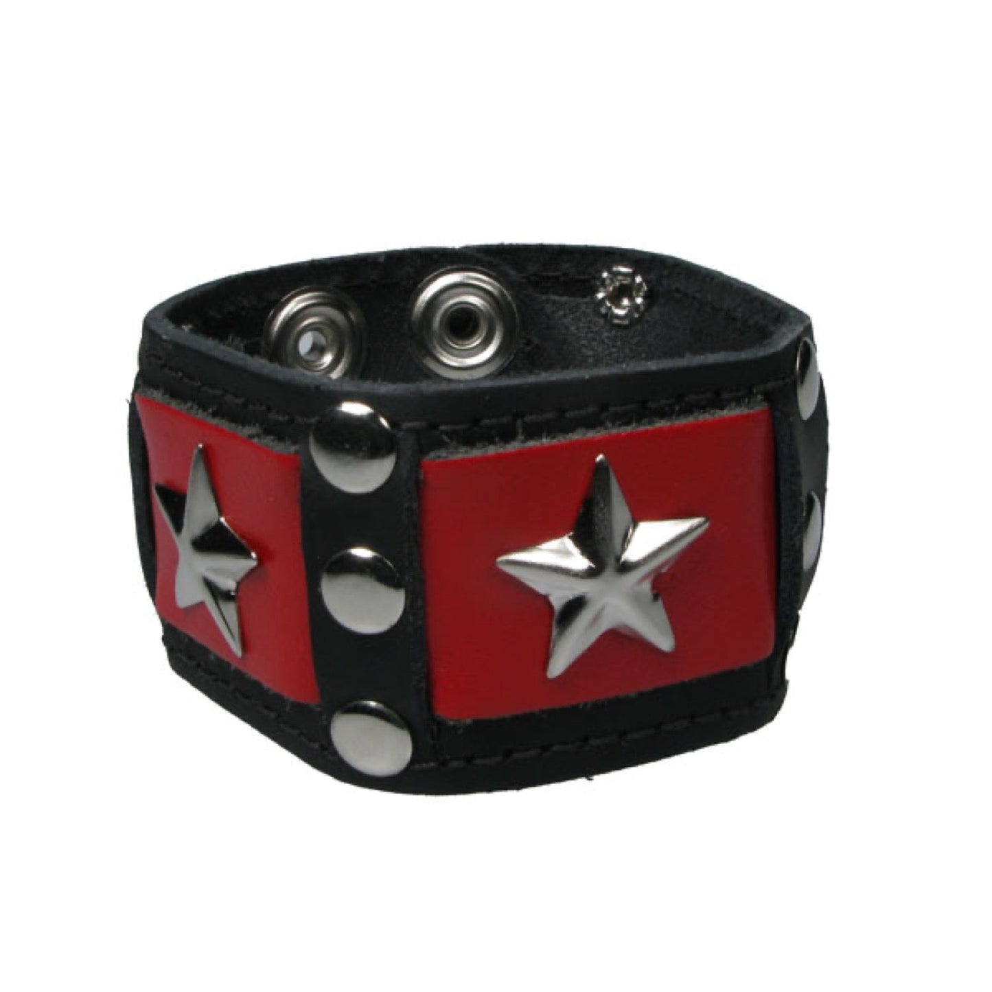 WB639 2 Row width Red Leather Patch, with Star fitting & Rivets - Black    Leather Wristband