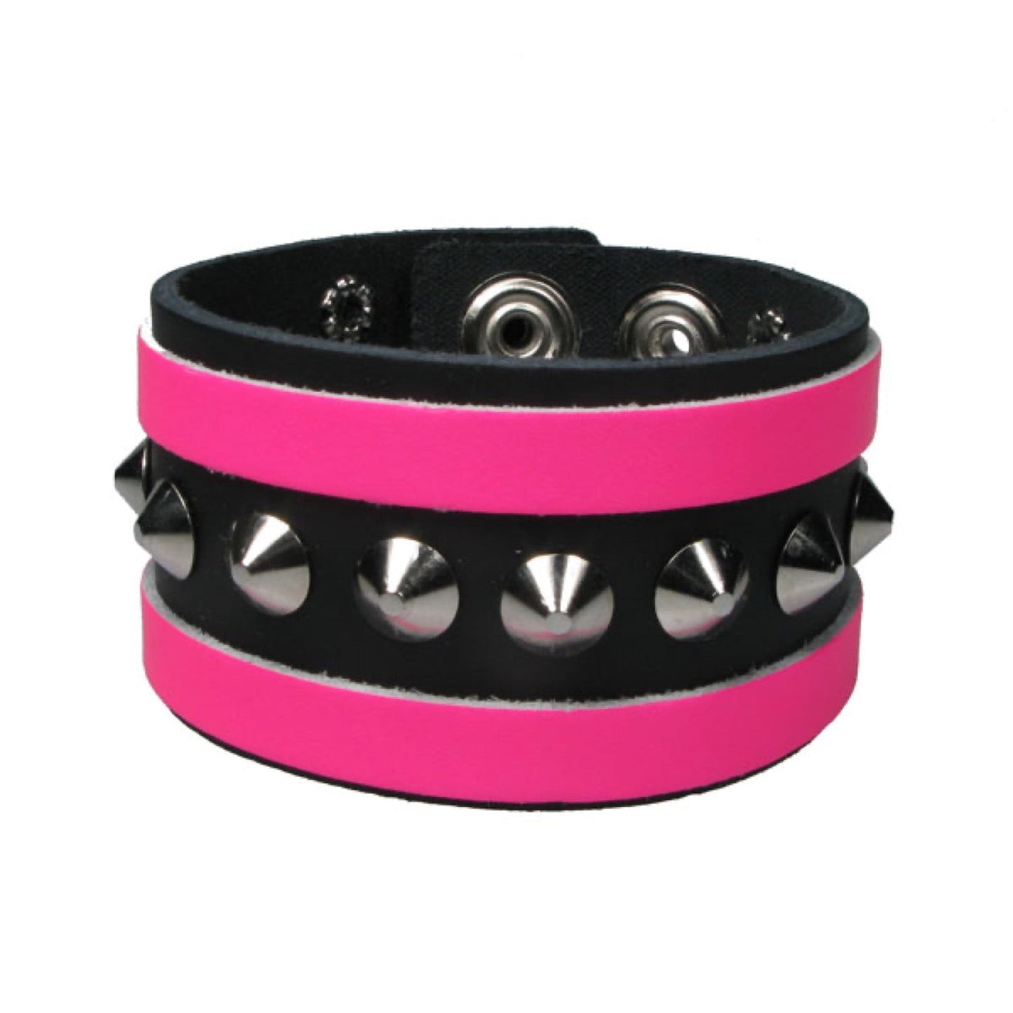 WB640 3 Row width 1 Row Conical with 2 Fluorescent Pink strips - Black    Leather Wristband