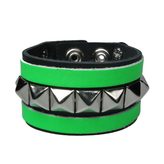 WB641 3 Row width 1 Row Small Pyramid with 2 Fluorescent Green strips - Black    Leather Wristband