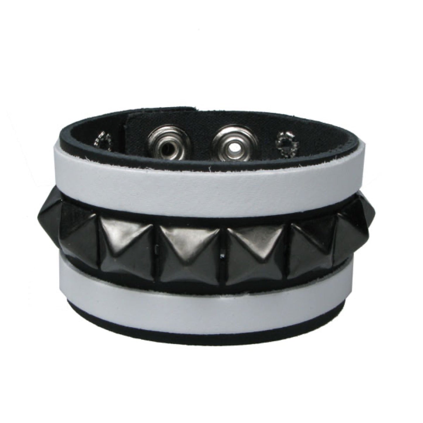 WB643 3 Row width 1 Row Small Black Pyramid with 2 White strips - Black    Leather Wristband