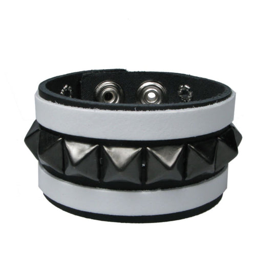 WB643 3 Row width 1 Row Small Black Pyramid with 2 White strips - Black    Leather Wristband