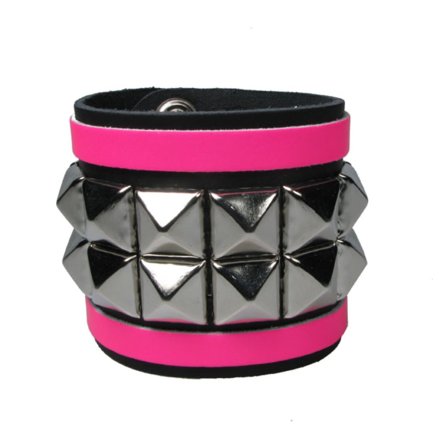 WB644 4 Row width 2 Row Pyramid with 2 Fluorescent Pink strips - Black    Leather Wristband