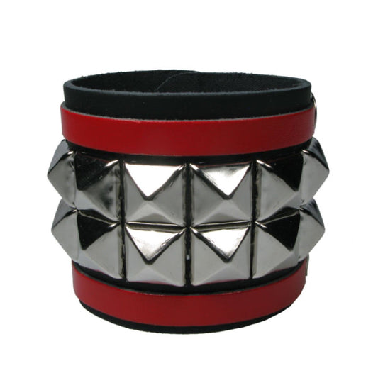 WB645 4 Row width 2 Row Pyramid with 2 Red strips - BLACK    Leather Wristband