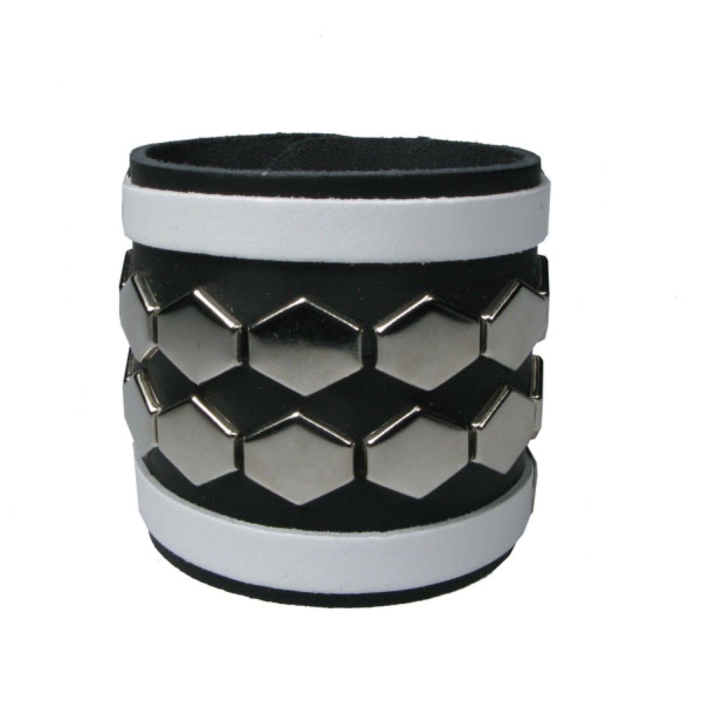 WB647 4 Row width 2 Row Diamond Fittings with 2 White strips - BLACK    Leather Wristband
