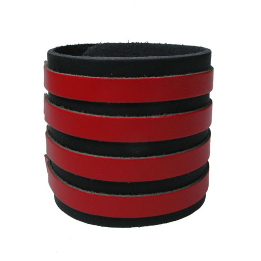 WB650 4 Row width 4 Red Strips, Buttoned - BLACK    Leather Wristband