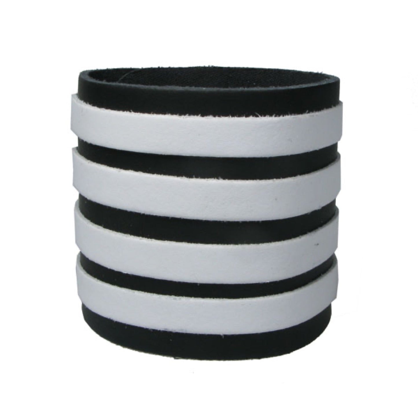 WB652 4 Row width 4 White Strips, Buttoned - Black    Leather Wristband