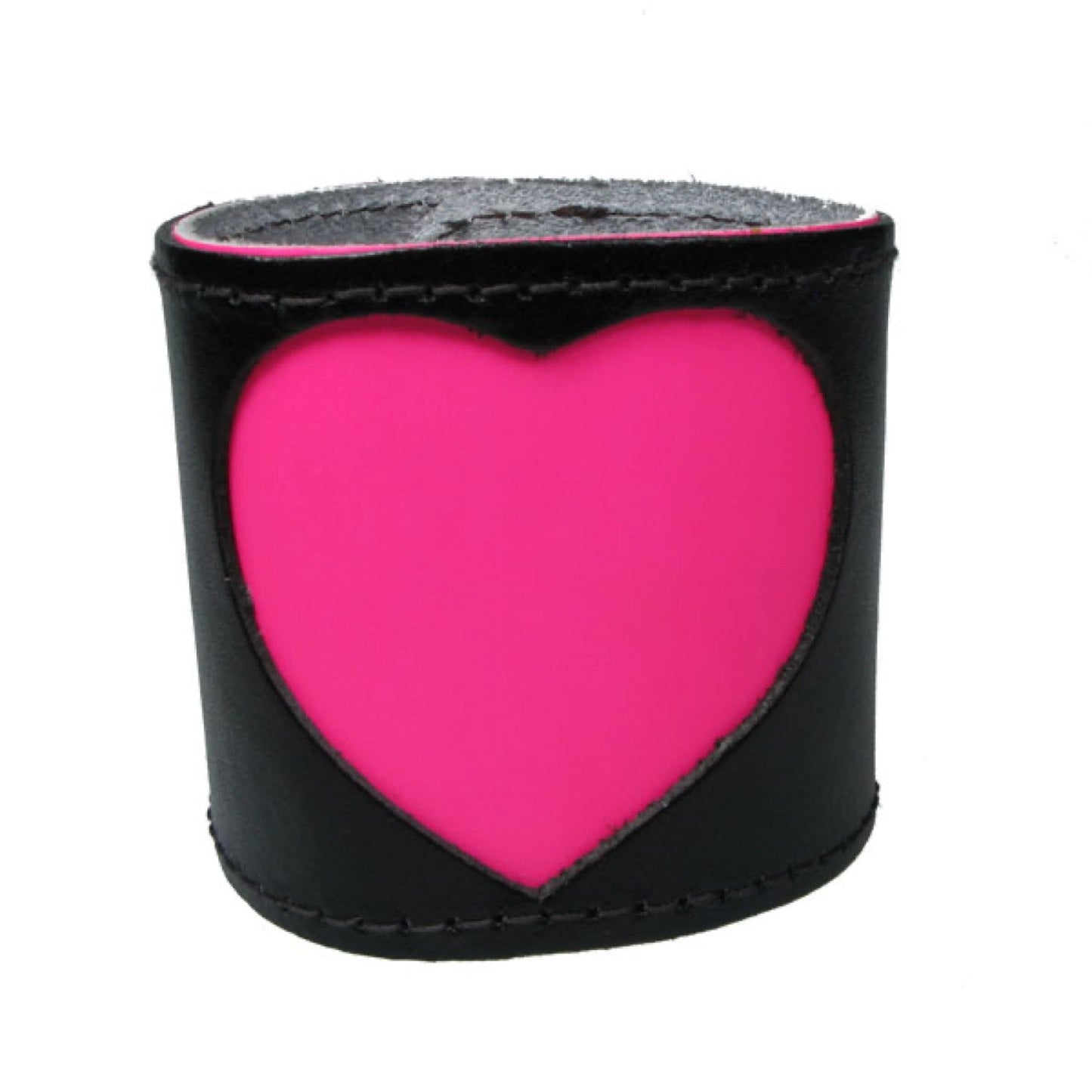 WB653b 4 Row width Fluorescent Pink Heart, Buttoned - Pink  Black    Leather Wristband