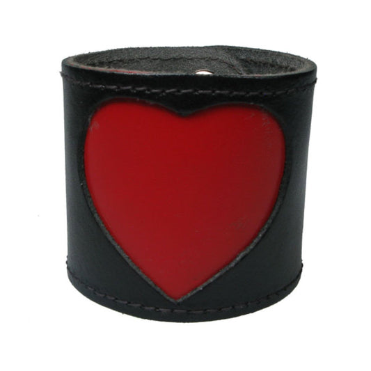WB653c 4 Row width Fluorescent Red Heart, Buttoned - Black  Red    Leather Wristband