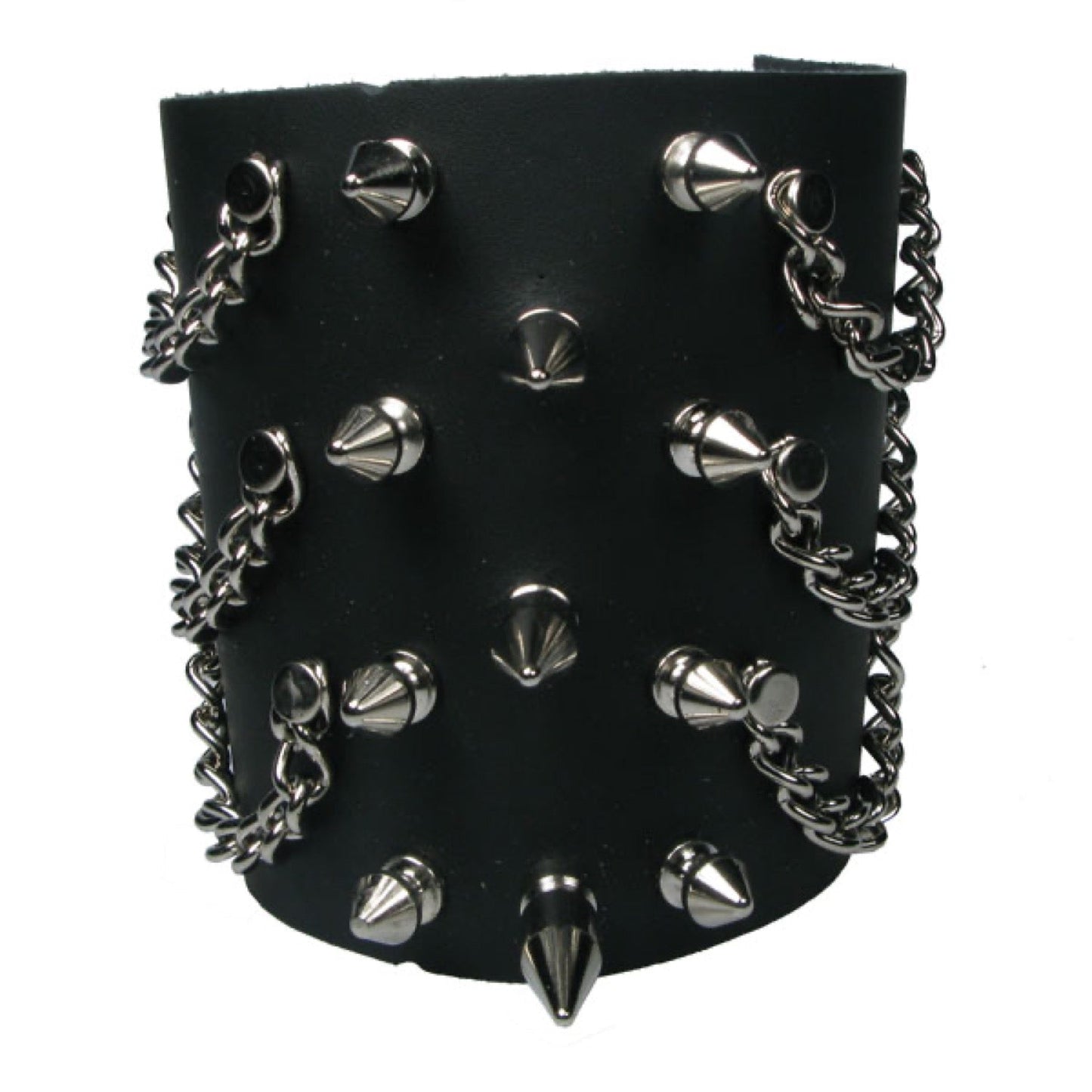 WB654 5 Row width Hanging Chains, Small Spikes and Medium Spike in Centre - Black   Leather Wristband
