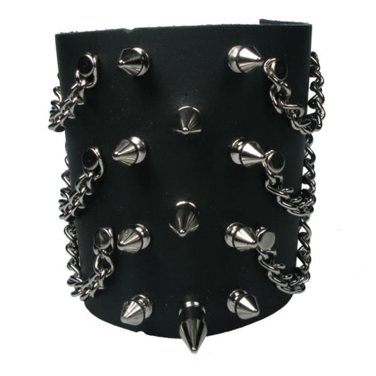 WB654 5 Row width Hanging Chains, Small Spikes and Medium Spike in Centre - Black   Leather Wristband