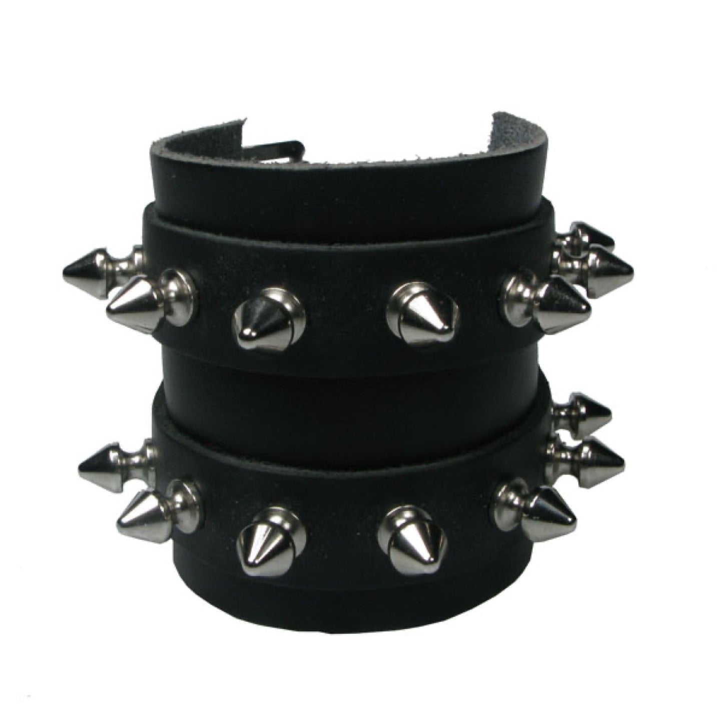 WB657 4 Row width 2 Strips of Leather with Spikes - Black   Leather Wristband