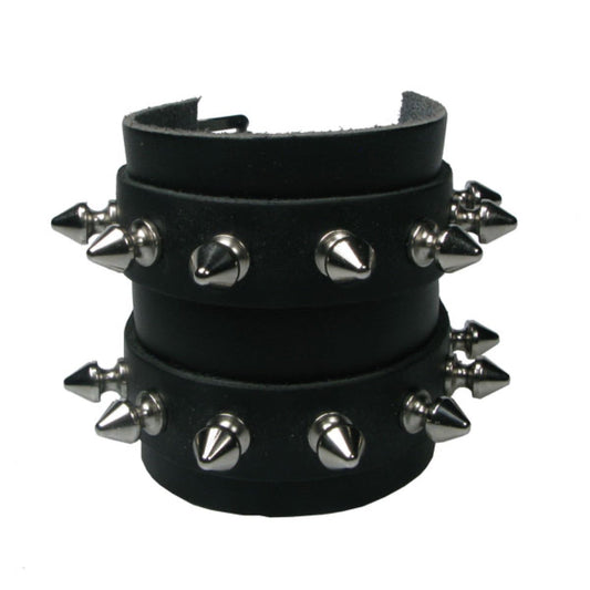 WB657 4 Row width 2 Strips of Leather with Spikes - Black   Leather Wristband