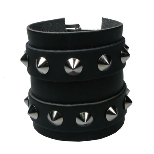 WB658 4 Row width 2 Strips of Leather with Conicals - Black  Leather Wristband