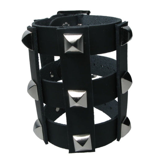 WB659 Leather Strip Connected - Pin Pyramid - Black  Leather Wristband