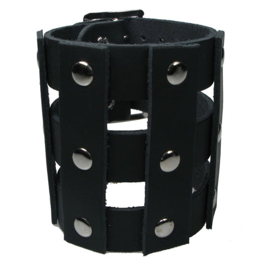 WB660 Leather Strip Connected - Flat Rivets Black  Leather Wristband