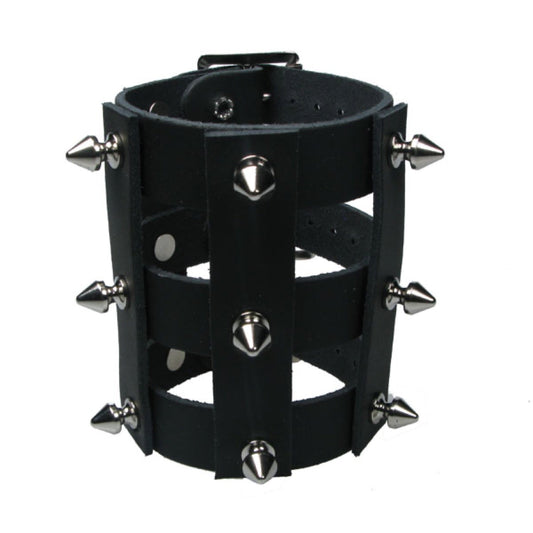 WB661 Leather Strip Connected Spike - Black  Leather Wristband