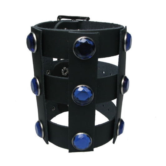WB662 Leather Strip Connected - Large Blue Jewel - Black  Leather Wristband