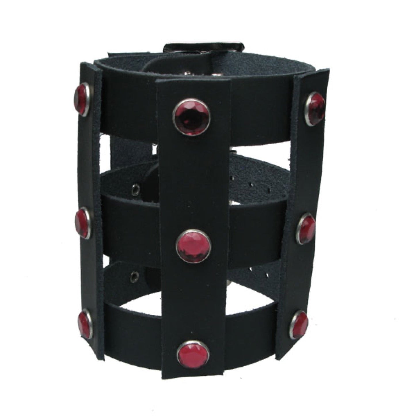 WB663 Leather Strip Connected - Pink Jewel - Black  Leather Wristband