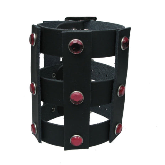 WB663 Leather Strip Connected - Pink Jewel - Black  Leather Wristband