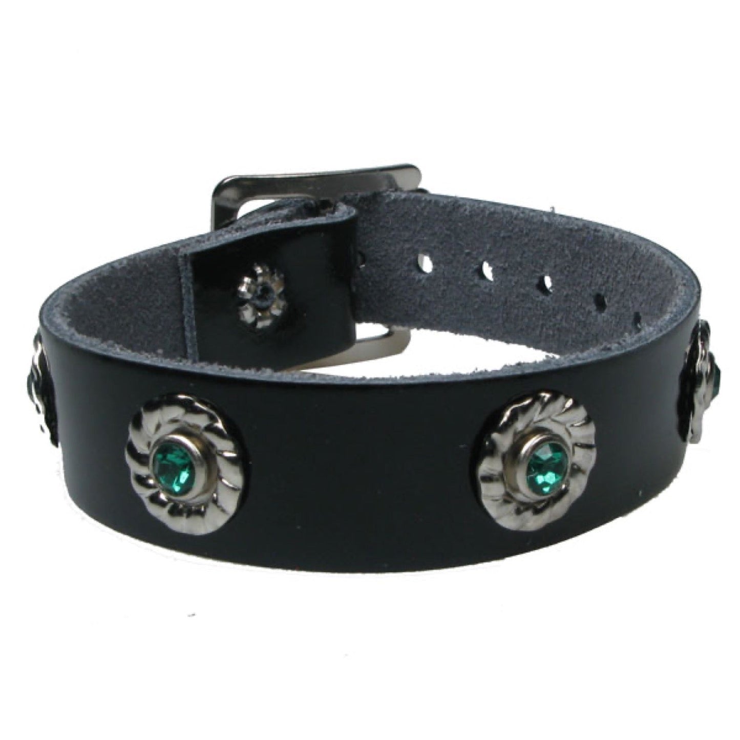 WB664 1 Row Green Jewel - Black   Leather Wristband