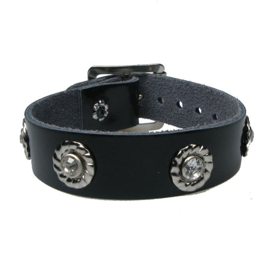 WB665 1 Row Clear Jewel - Black  Leather Wristband