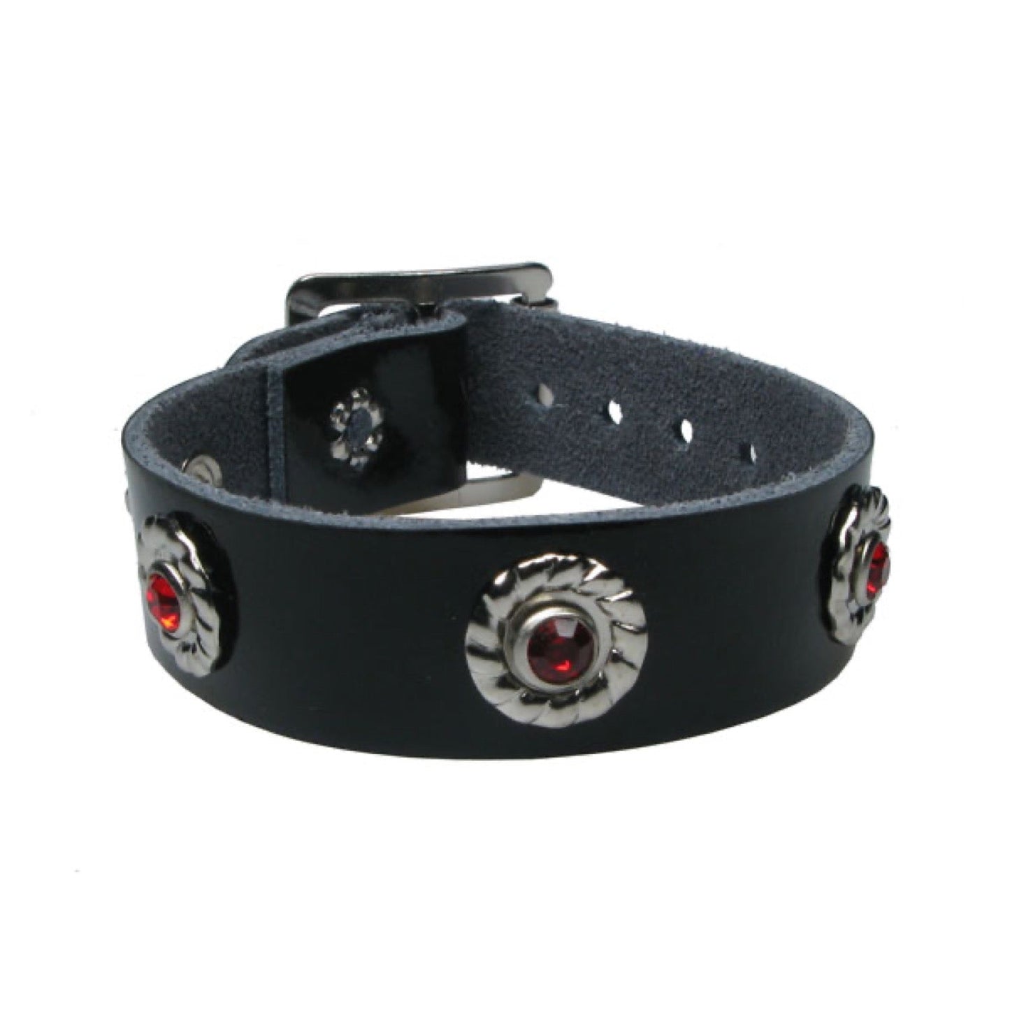 WB667 1 Row Red Jewel - Black  Leather Wristband