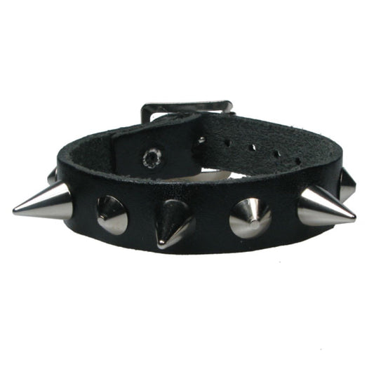 WB678 1 Row Conical and Small Cone - Black  Leather Wristband