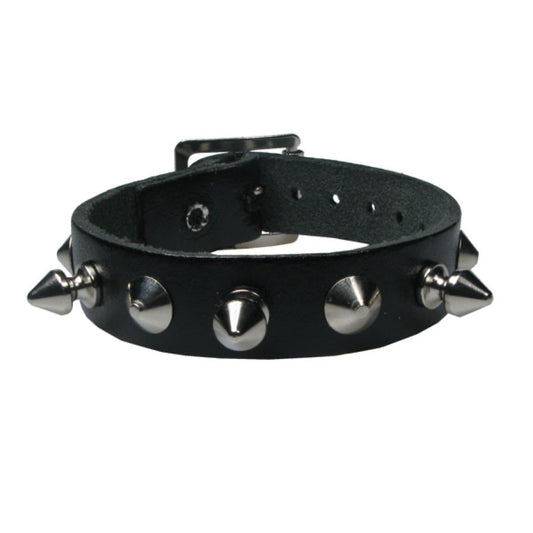 WB681 1 Row Conical and Small Spike - Black  Leather Wristband