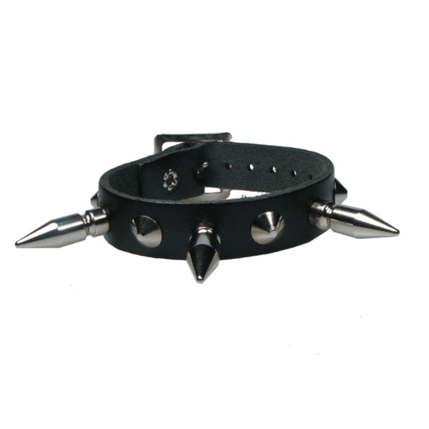 WB682 1 Row Conical and Medium Spike - Black  Leather Wristband