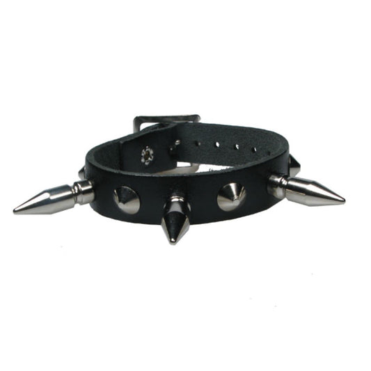 WB682 1 Row Conical and Medium Spike - Black  Leather Wristband