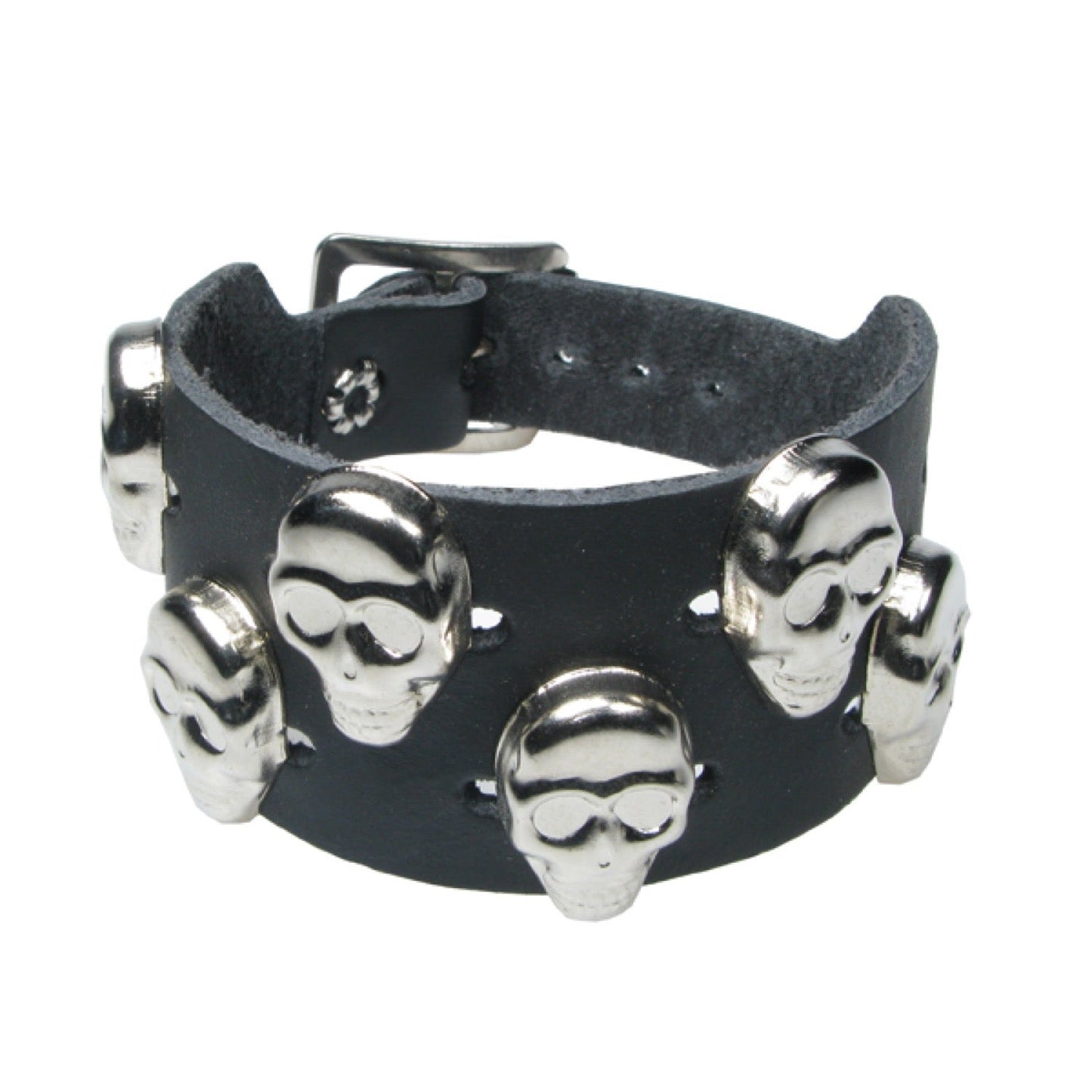WB687 2 Row Step Skull Leather Wristband - Black  Leather Wristband