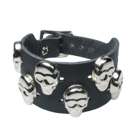 WB687 2 Row Step Skull Leather Wristband - Black  Leather Wristband