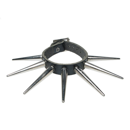 WB689 1 ROW LARGE CONE SPIKE Leather Wristband - Black  Leather Wristband