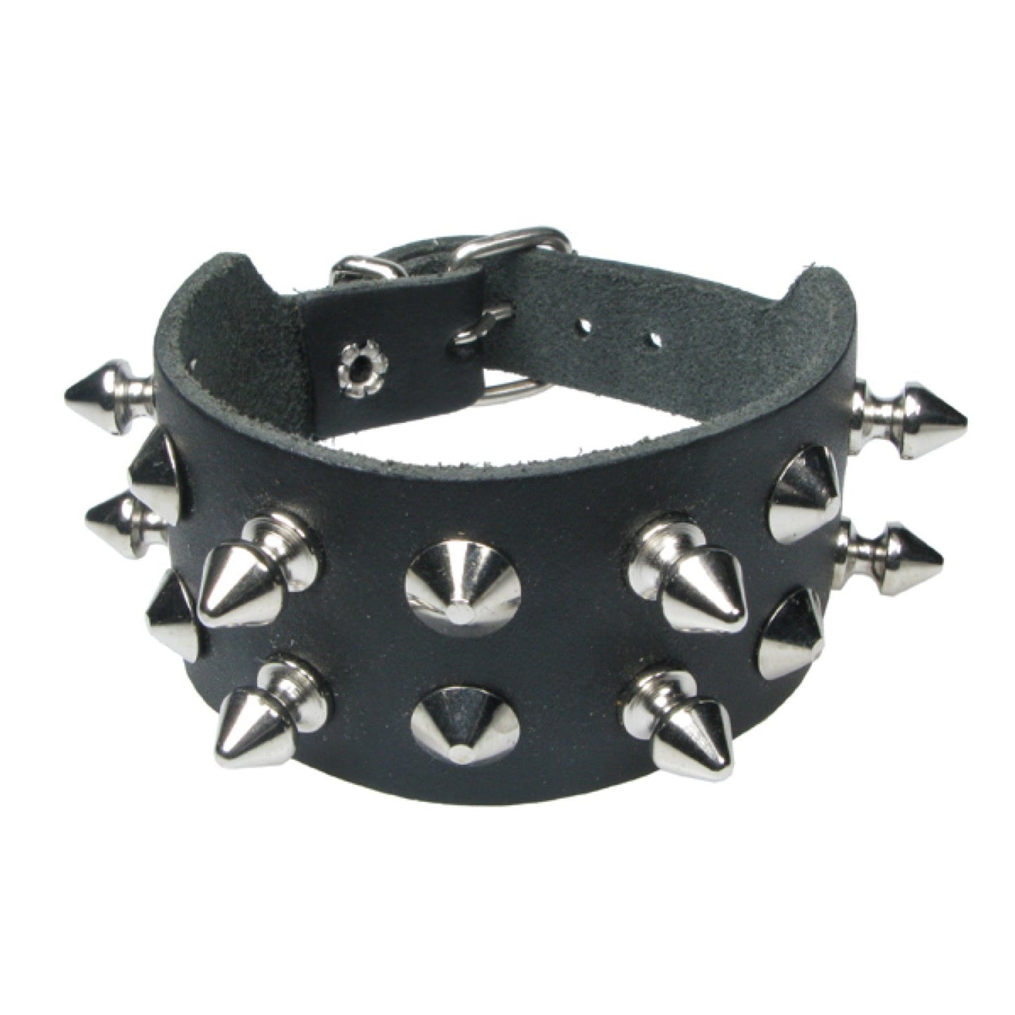 WB690 2 Row Conical and Spike Leather Wristband - Black  Leather Wristband