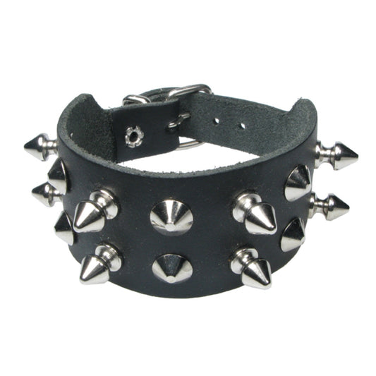 WB690 2 Row Conical and Spike Leather Wristband - Black  Leather Wristband