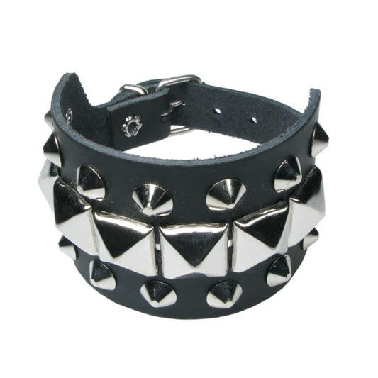 WB691 3 Row Conical and Pyramid Leather Wristband - Black  Leather Wristband