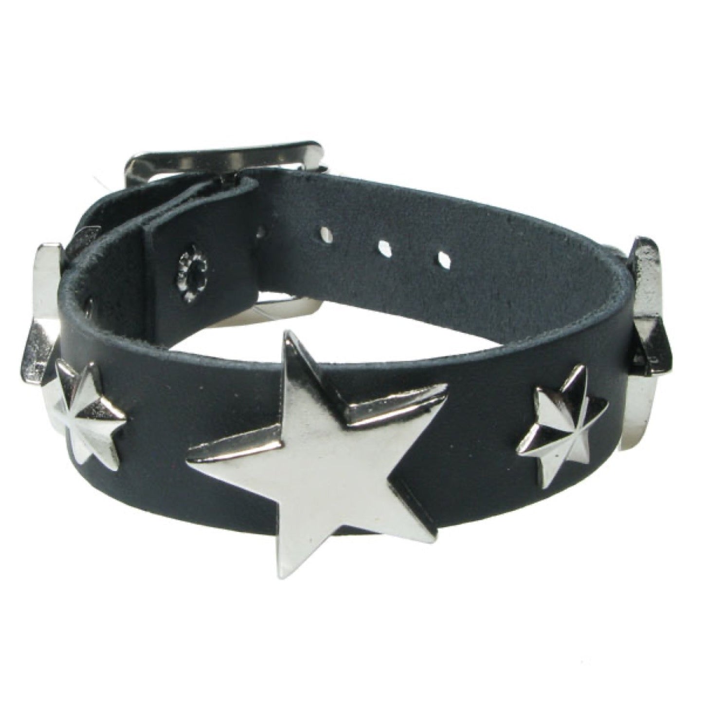 WB694b 1 Row Large 5 point star and Small 6 point star metal fitting - Black  Leather Wristband