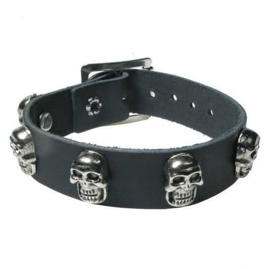 WB696 1 Row small Skull metal fitting - Black  Leather Wristband