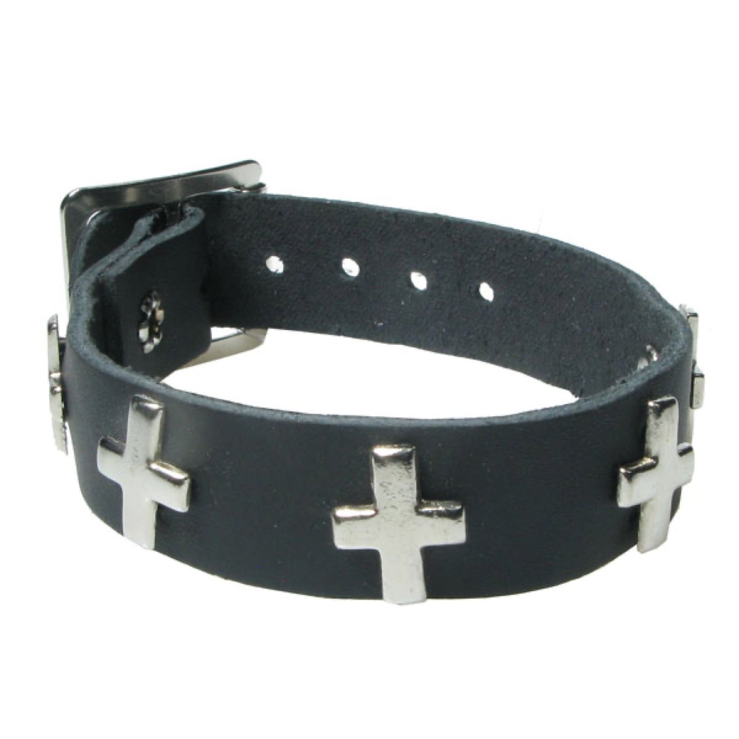 WB699 1 Row Cross Metal Fitting - Black  Leather Wristband