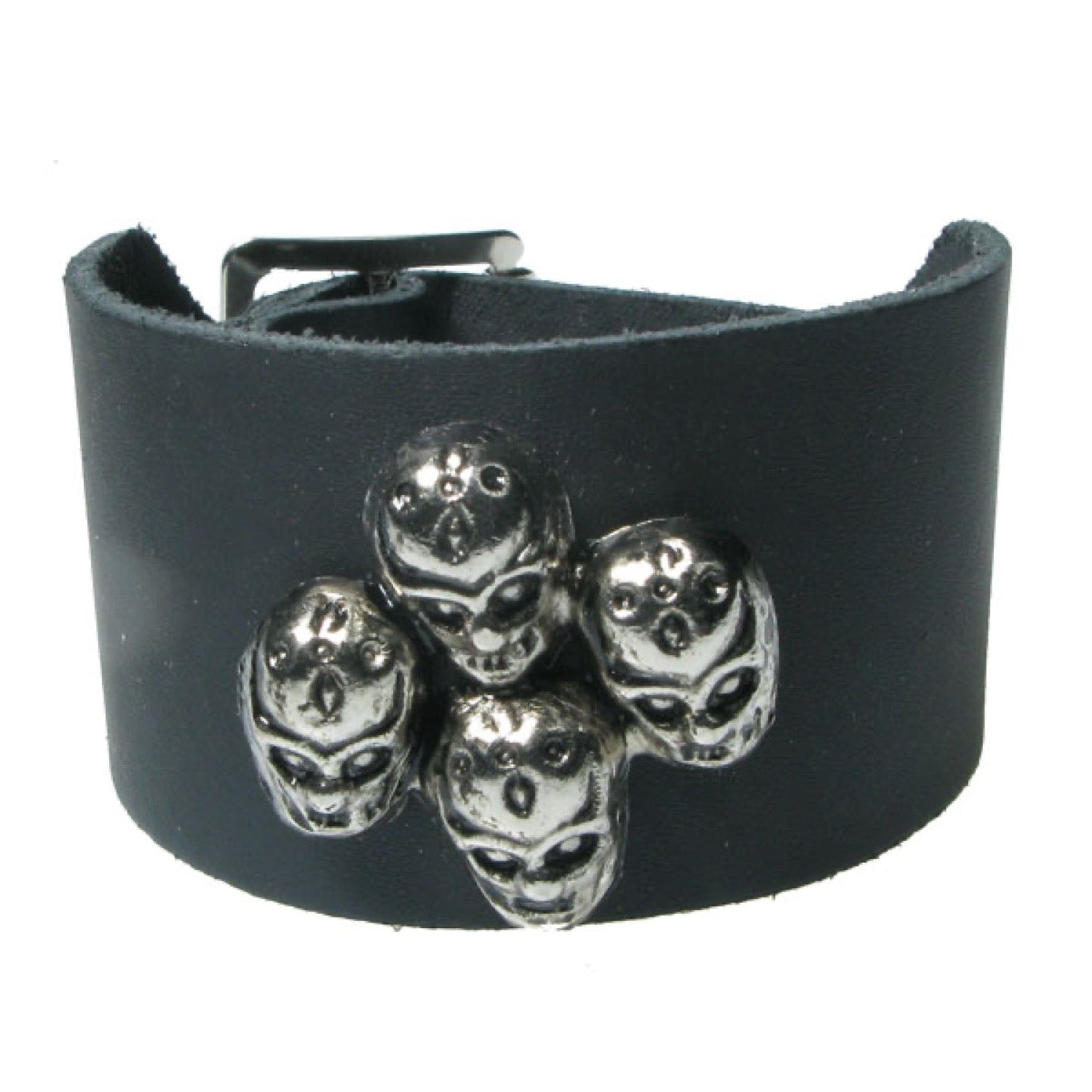 WB701 2 Row width 4 Skull Metal Fitting - Black  Leather Wristband